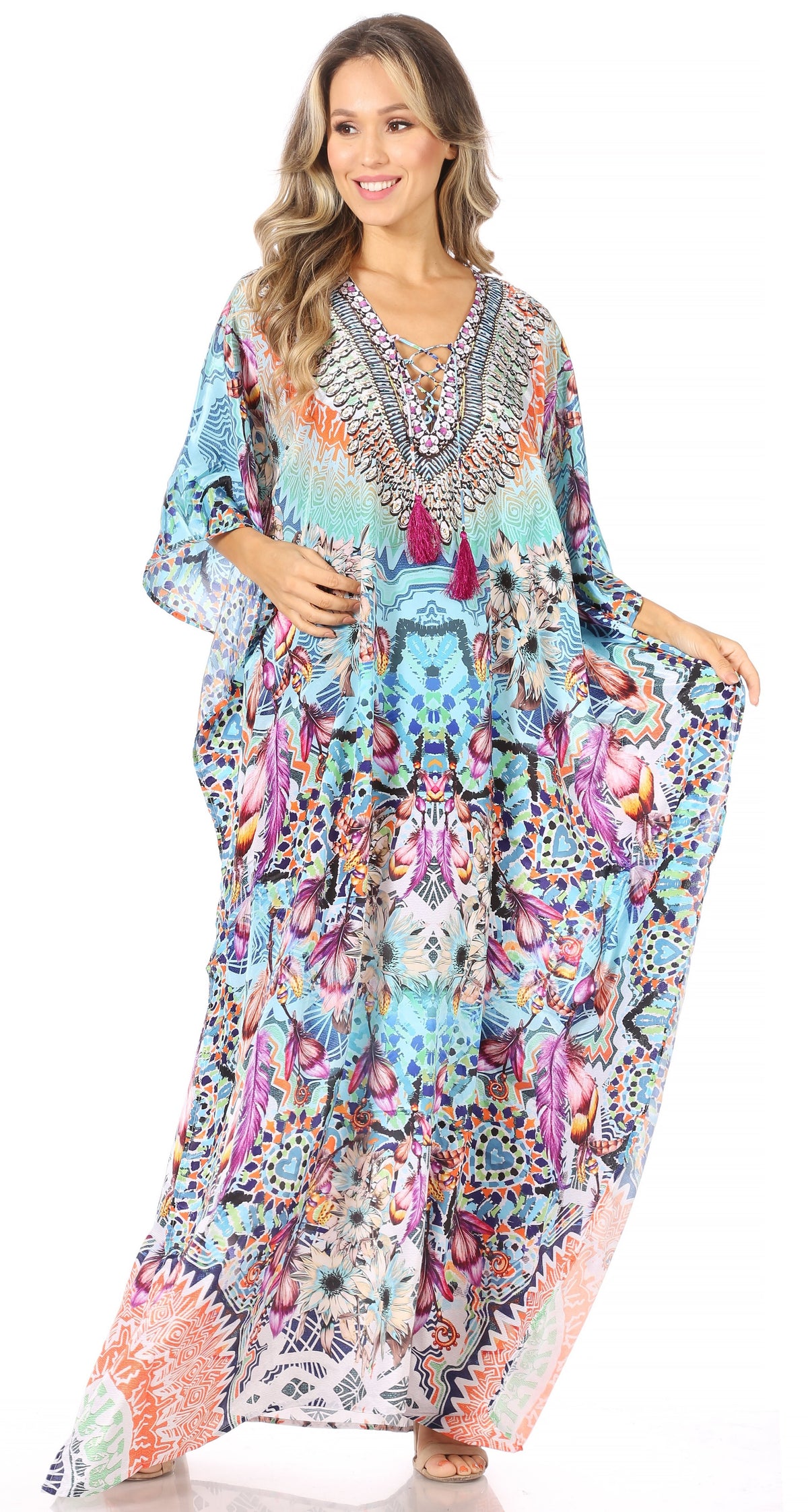 Flowy Rhinestone V-Neck Caftan Dress