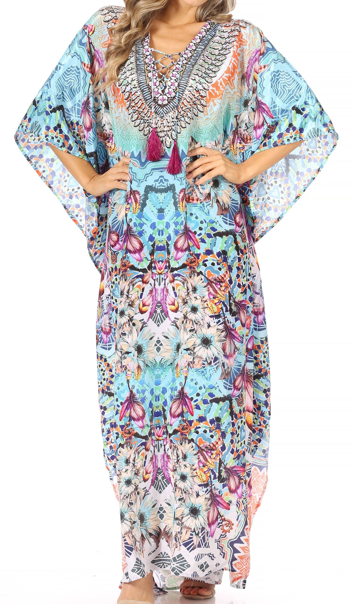 Flowy Rhinestone V-Neck Caftan Dress