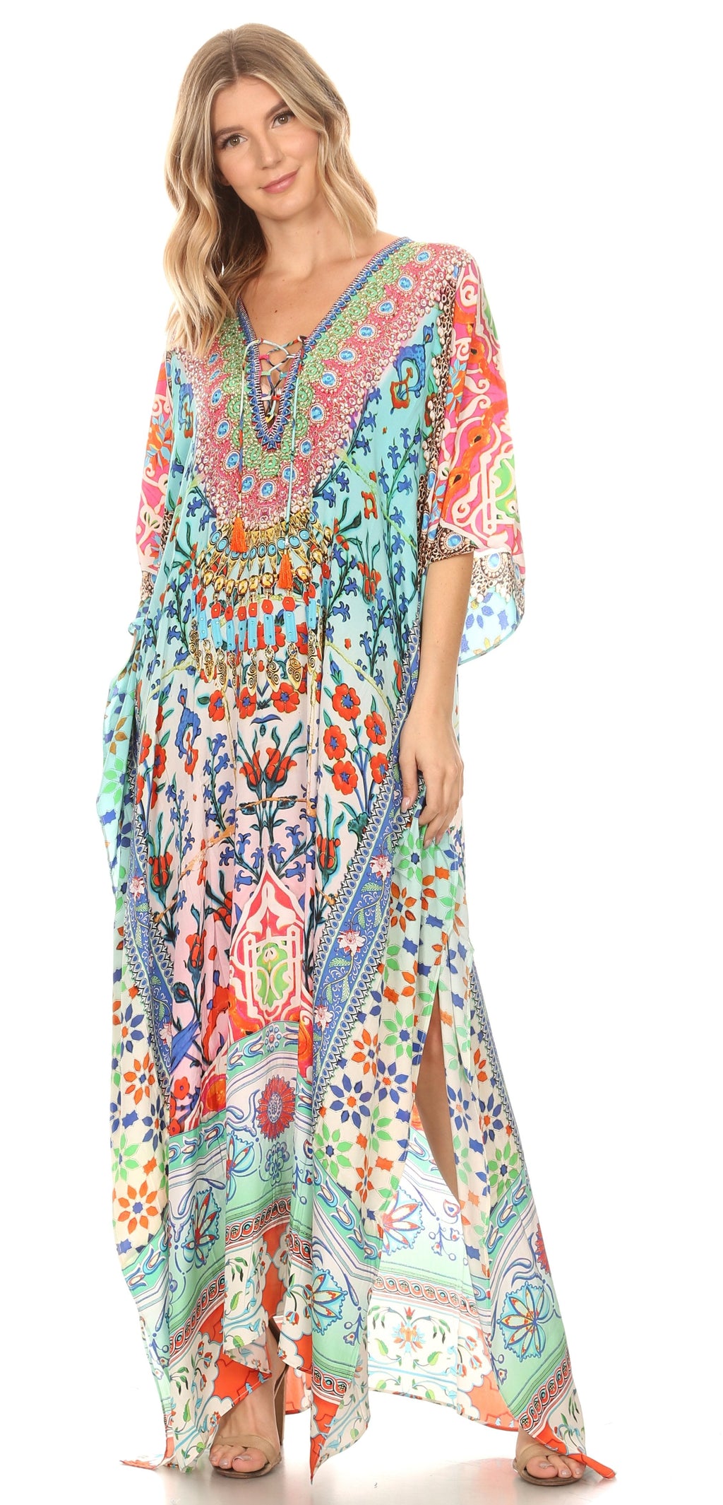 Flowy Rhinestone V-Neck Caftan Dress