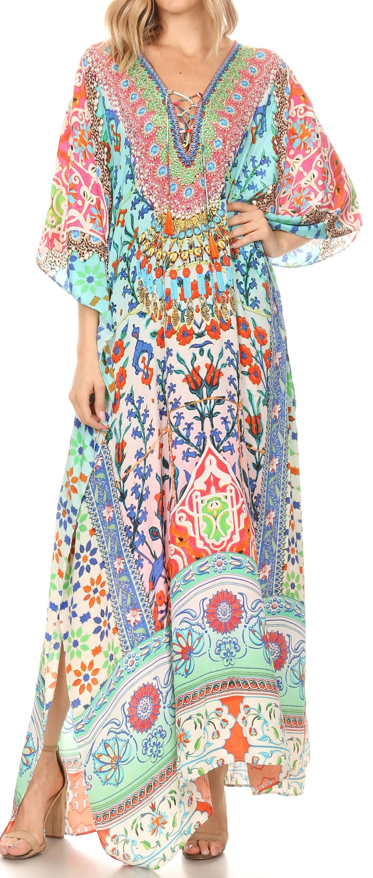 Flowy Rhinestone V-Neck Caftan Dress
