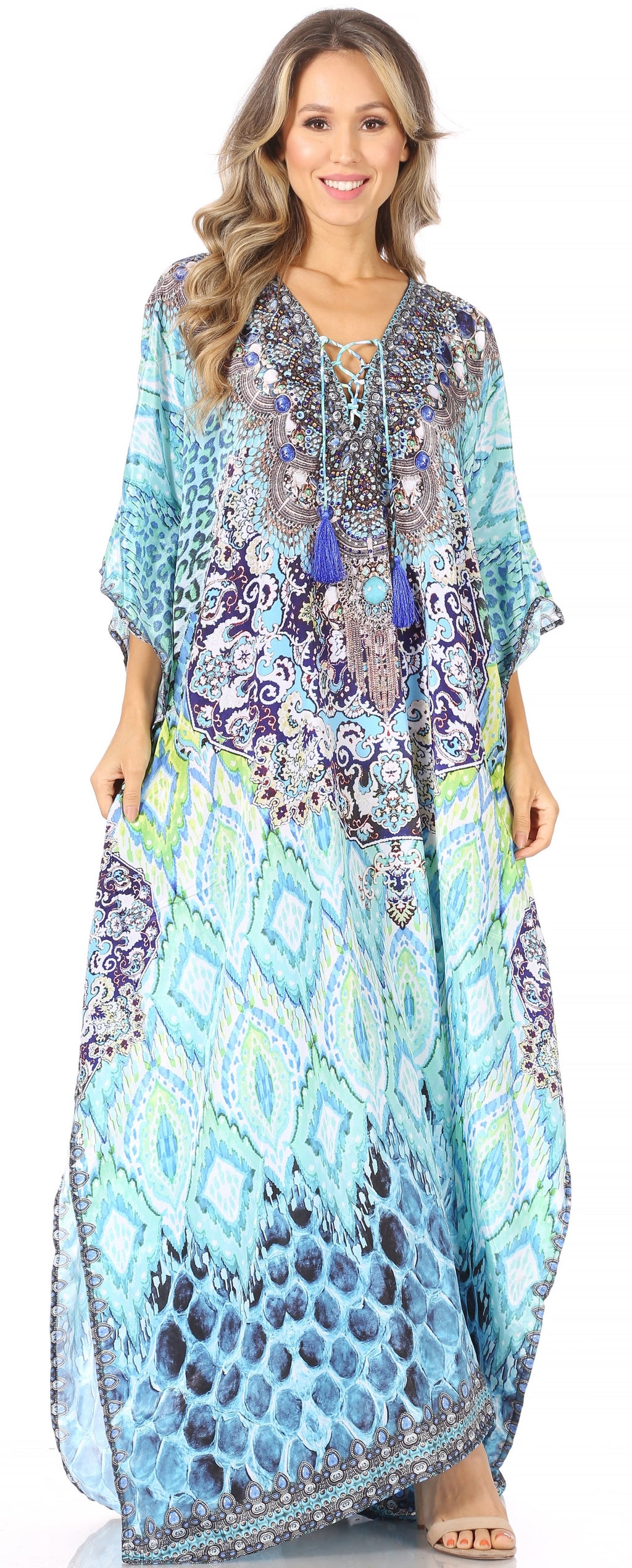 Flowy Rhinestone V-Neck Caftan Dress