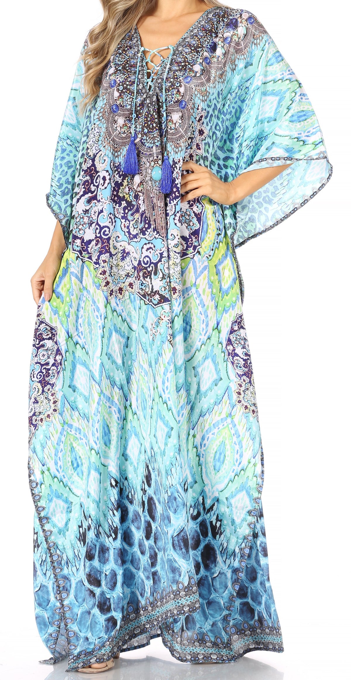 Flowy Rhinestone V-Neck Caftan Dress
