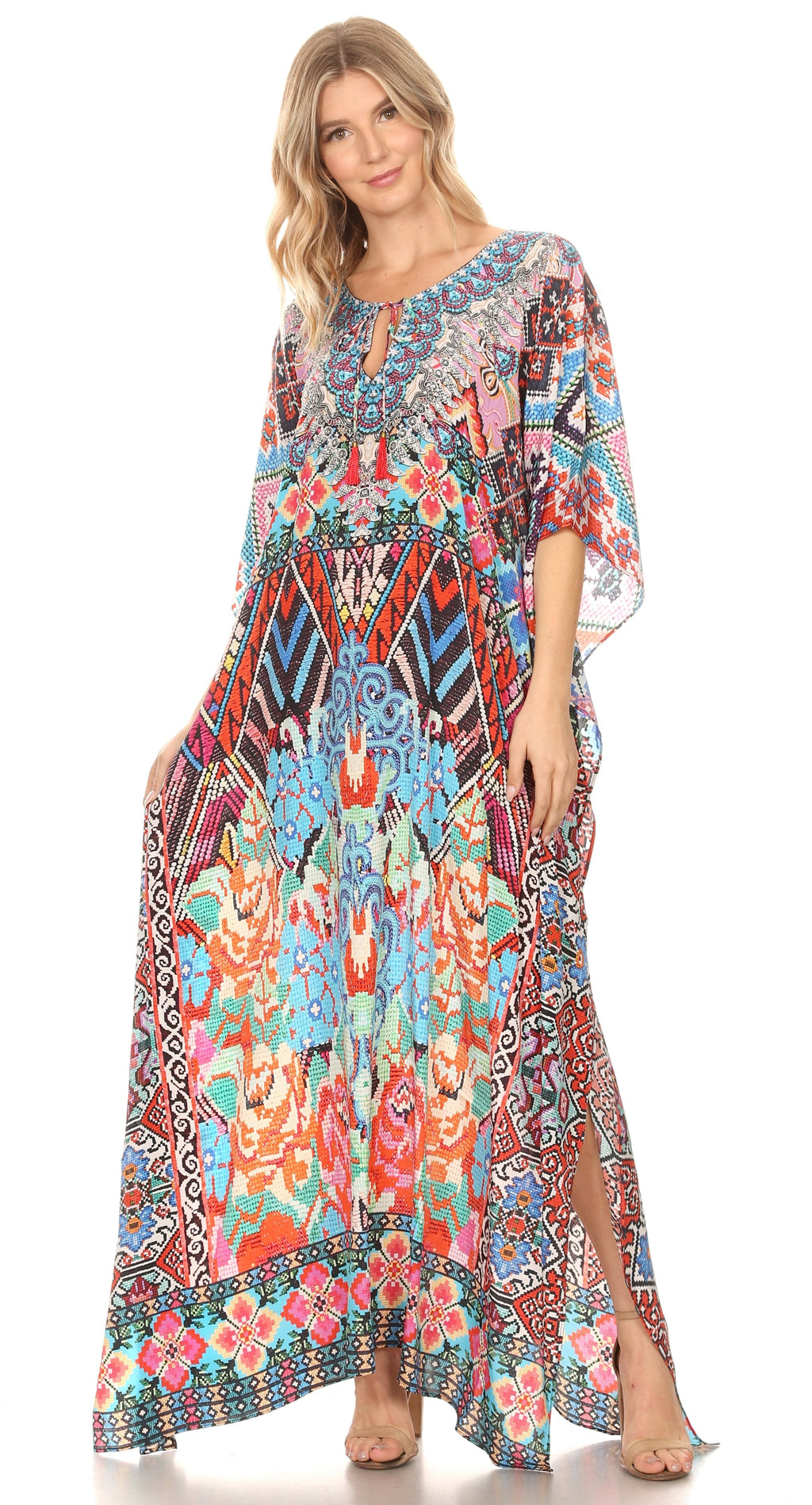 Flowy Rhinestone V-Neck Caftan Dress