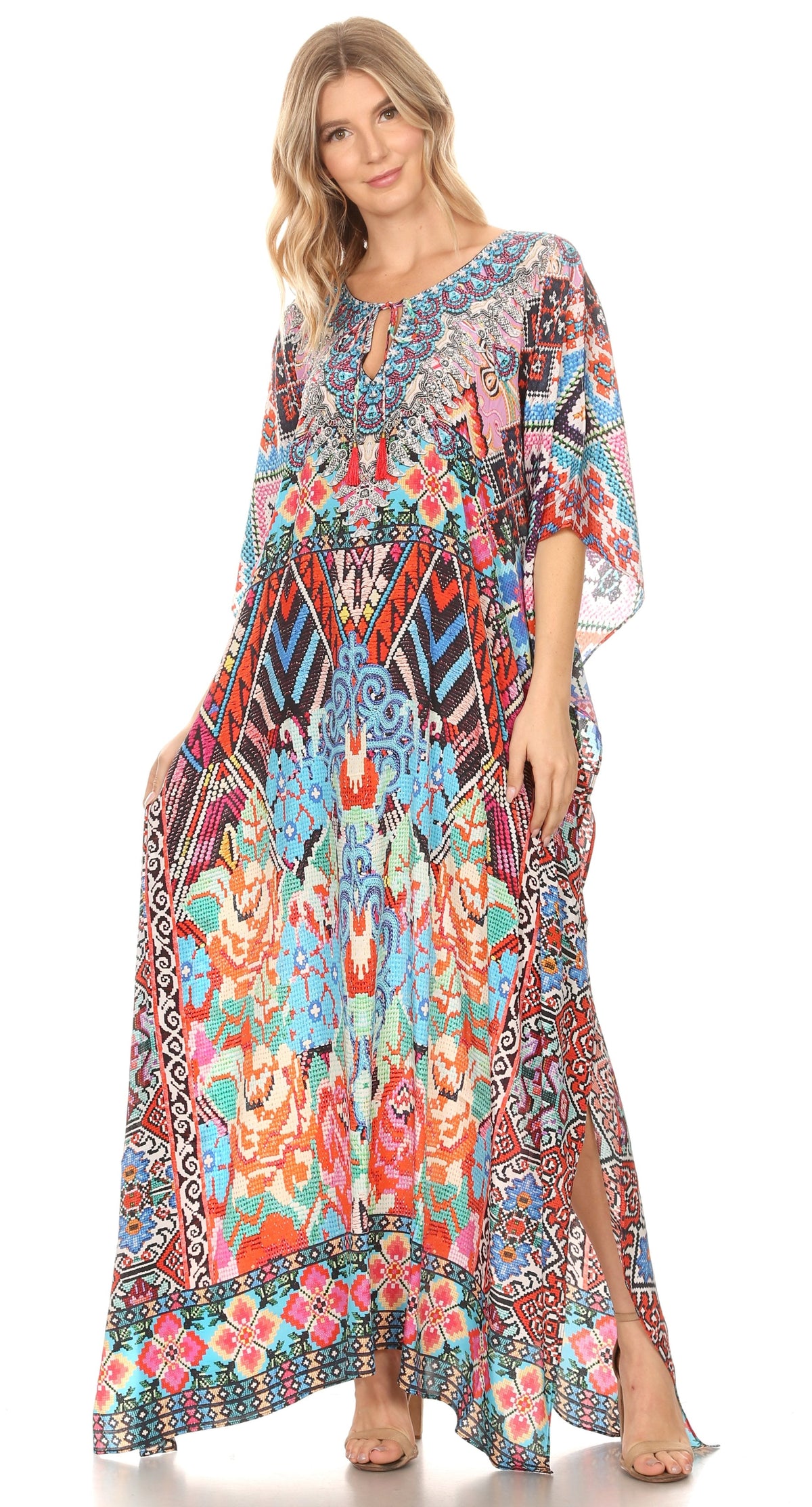 Flowy Rhinestone V-Neck Caftan Dress