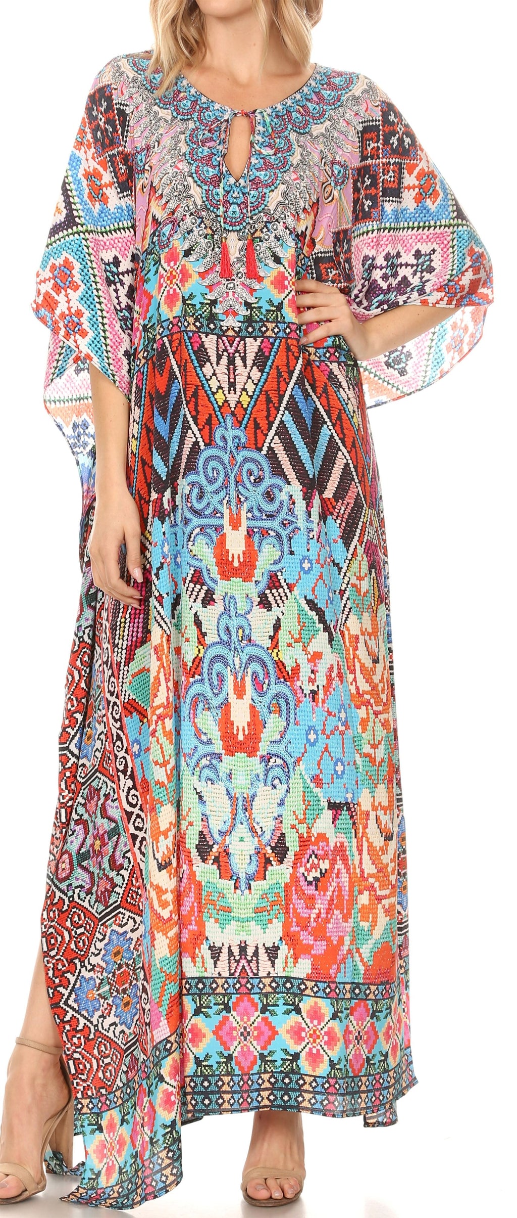 Flowy Rhinestone V-Neck Caftan Dress