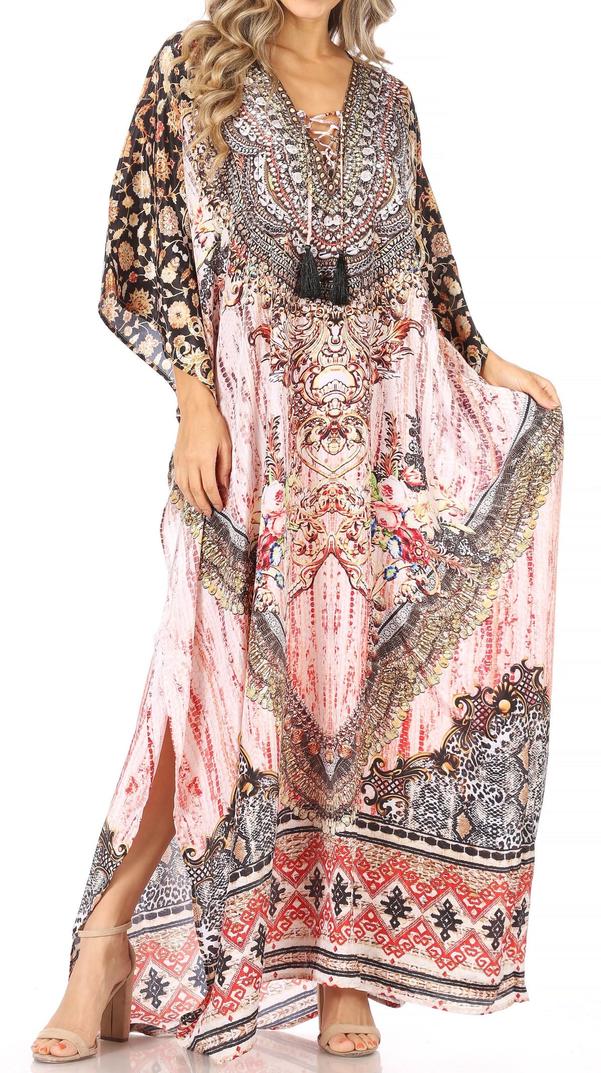 Flowy Rhinestone V-Neck Caftan Dress