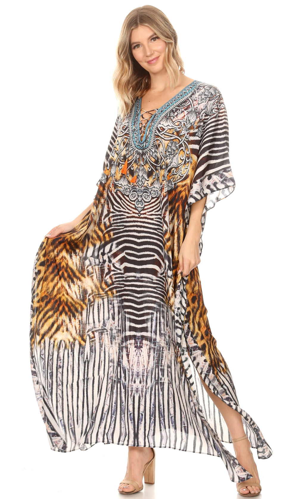 Flowy Rhinestone V-Neck Caftan Dress