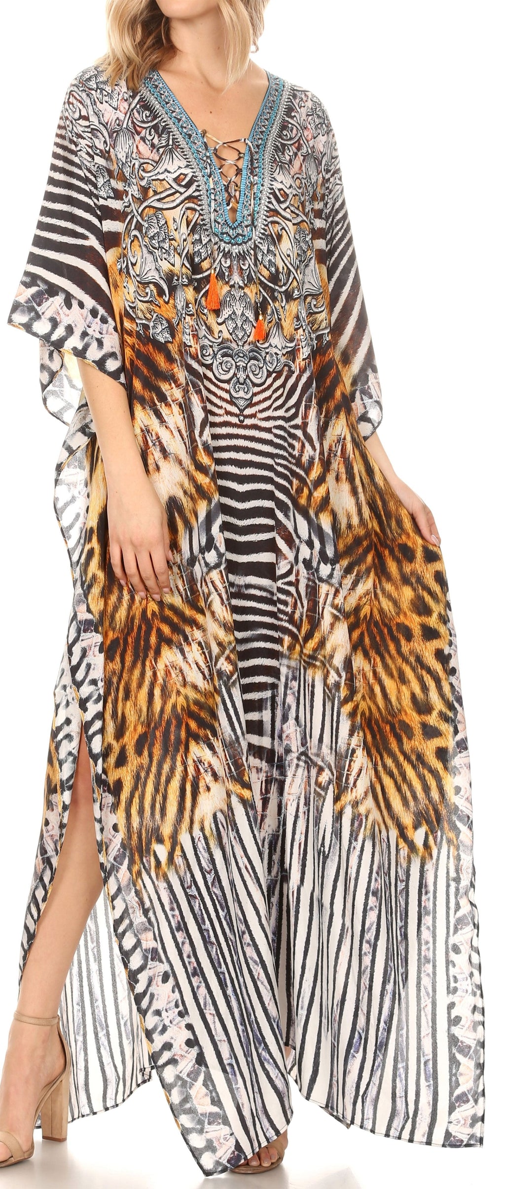 Flowy Rhinestone V-Neck Caftan Dress